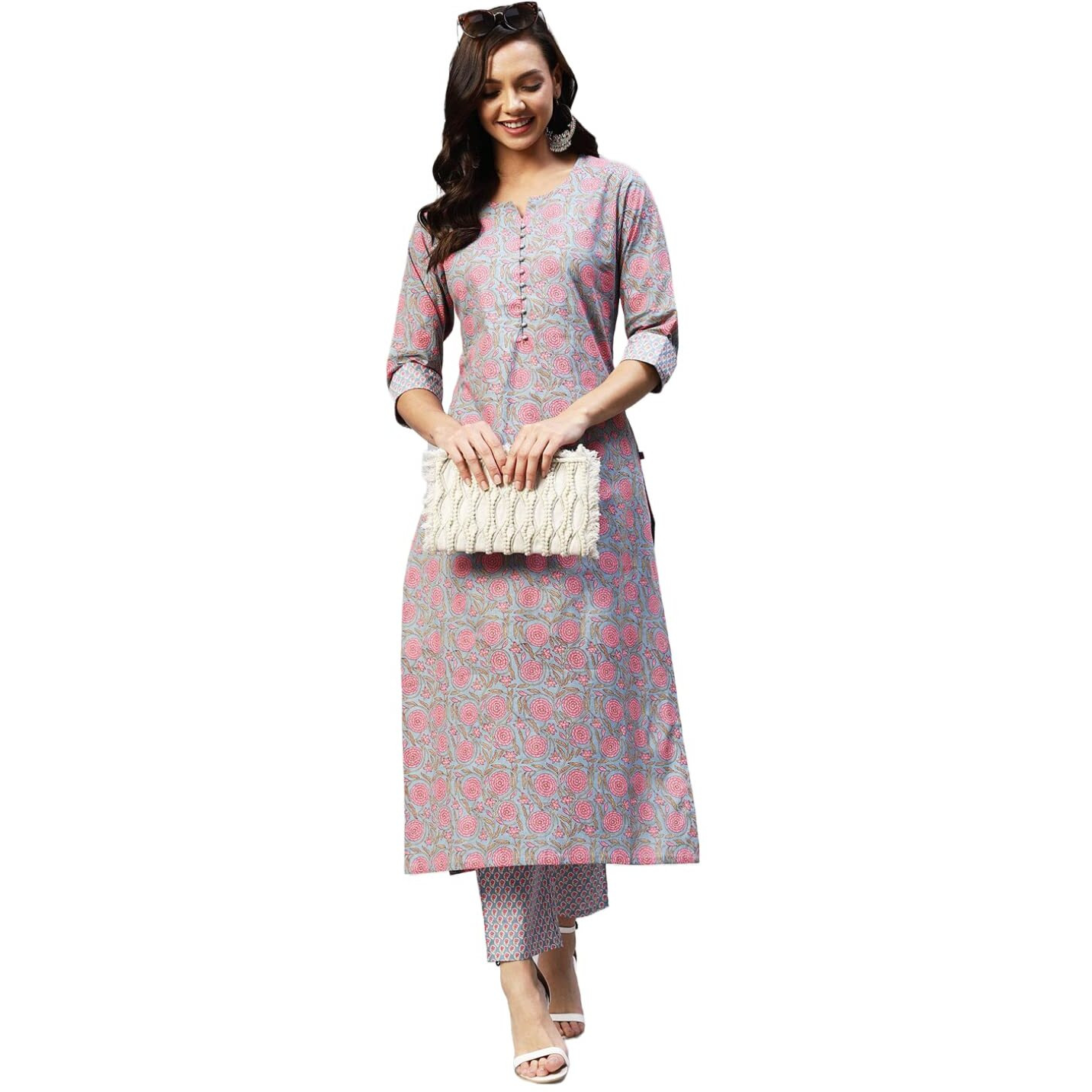 Gosriki Women's Cotton Blend Straight Printed Kurta With Palazzo (Lochna Grey_3Xl-Go_ Grey_Xxx-Large)