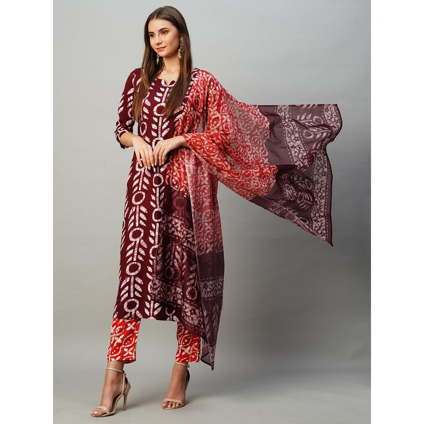 Gosriki Women's Cotton Blend Straight Printed Kurta With Pant & Dupatta (Nalika Magenta-Kbv-Gs_S_Magenta_Small)