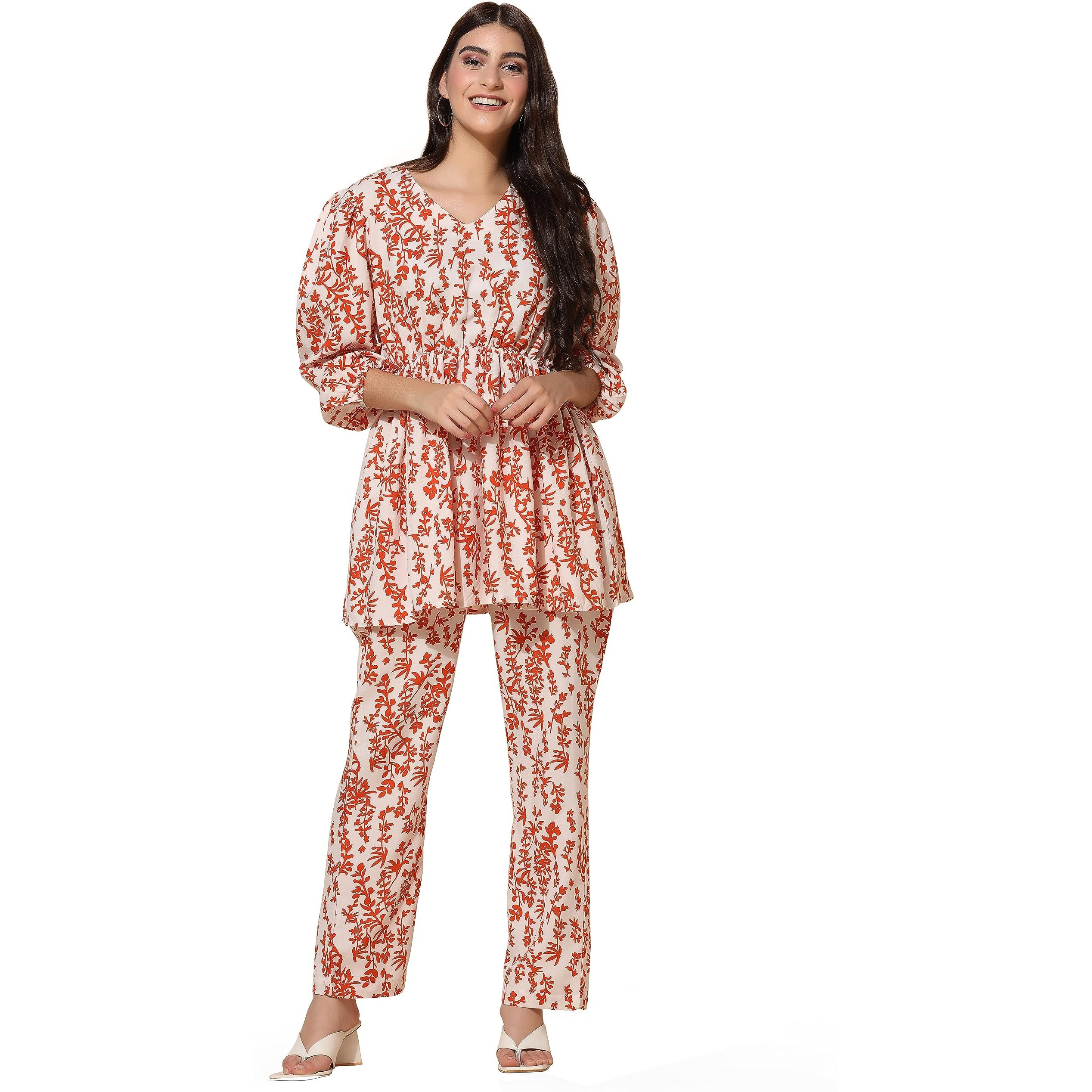 Toplot Co Ord Kurta Set For Women Printed Kurta With Pant (Tunic-Pant-5140-Orange-Xxl)