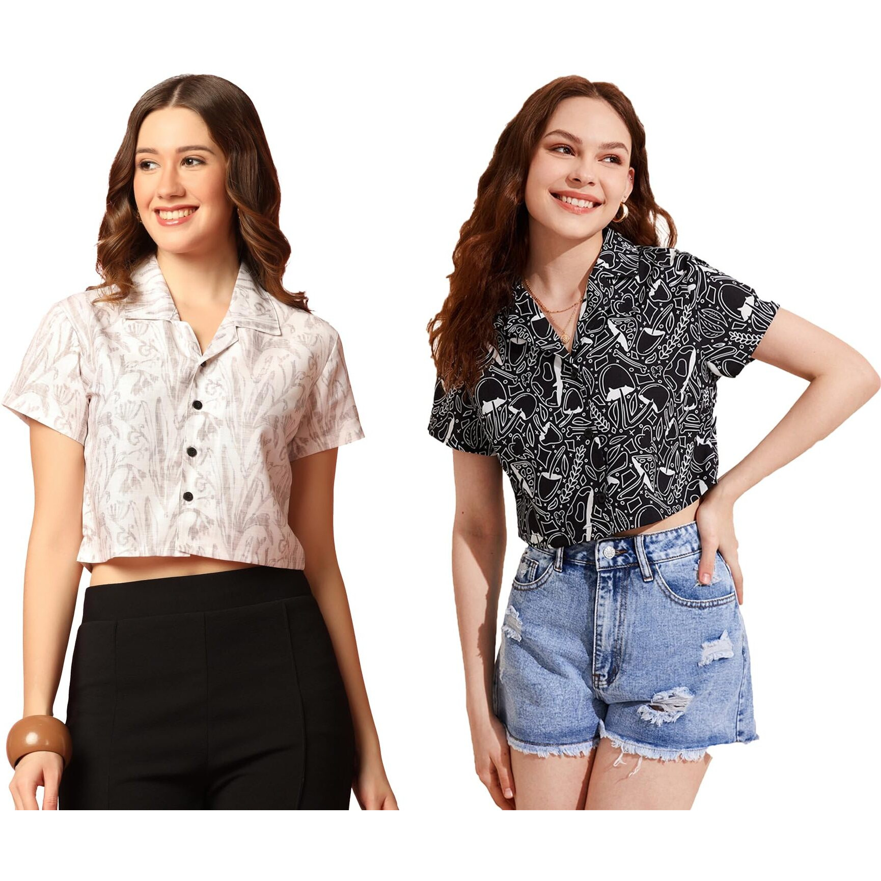 Toplot Women's Casual Printed Crop Shirt With Half Sleeve Pack Of 2 (Combo-5059-Blk-Wht-L)