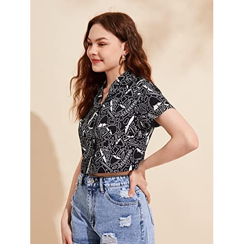 Toplot Women's Casual Printed Crop Shirt With Half Sleeve Pack Of 2 (Combo-5059-Blk-Wht-L)