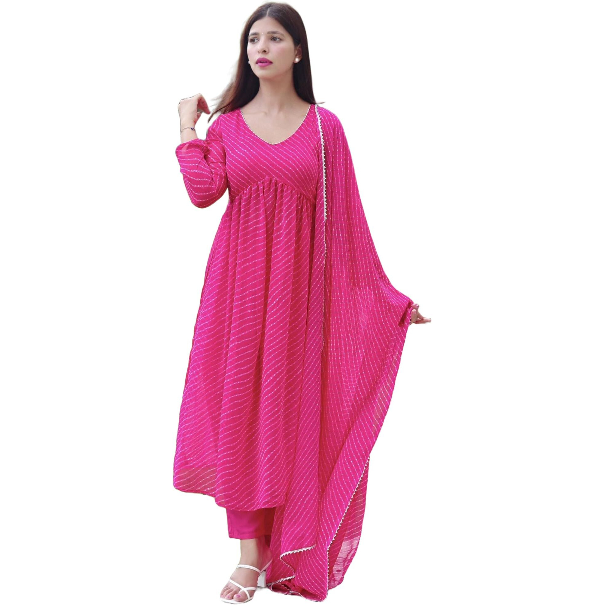 Gosriki Women's Georgette Lehariya Printed Anarkali Kurta With Pant & Dupatta (Mothda-Pink-Gs_S_Pink_Small)