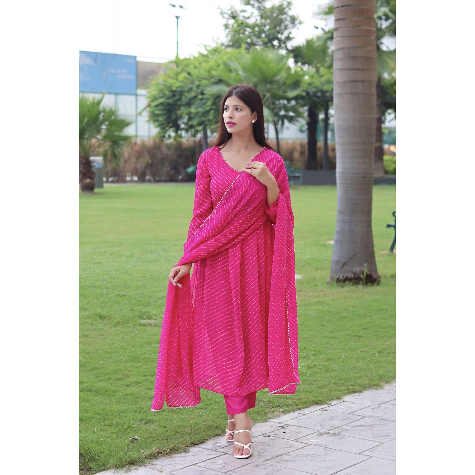 Gosriki Women's Georgette Lehariya Printed Anarkali Kurta With Pant & Dupatta (Mothda-Pink-Gs_S_Pink_Small)