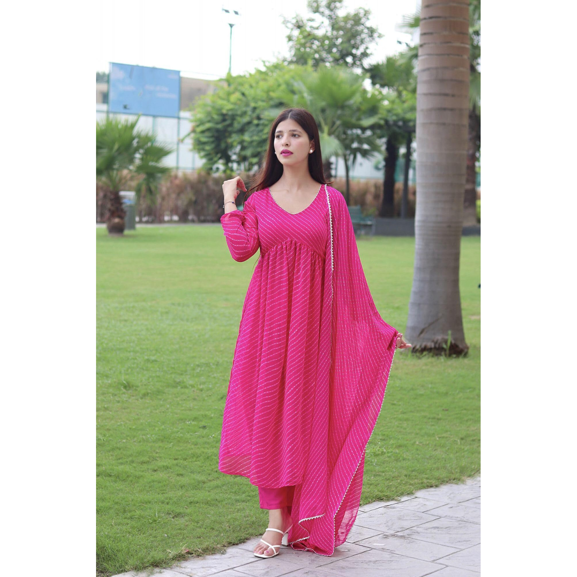 Gosriki Women's Georgette Lehariya Printed Anarkali Kurta With Pant & Dupatta (Mothda-Pink-Gs_S_Pink_Small)