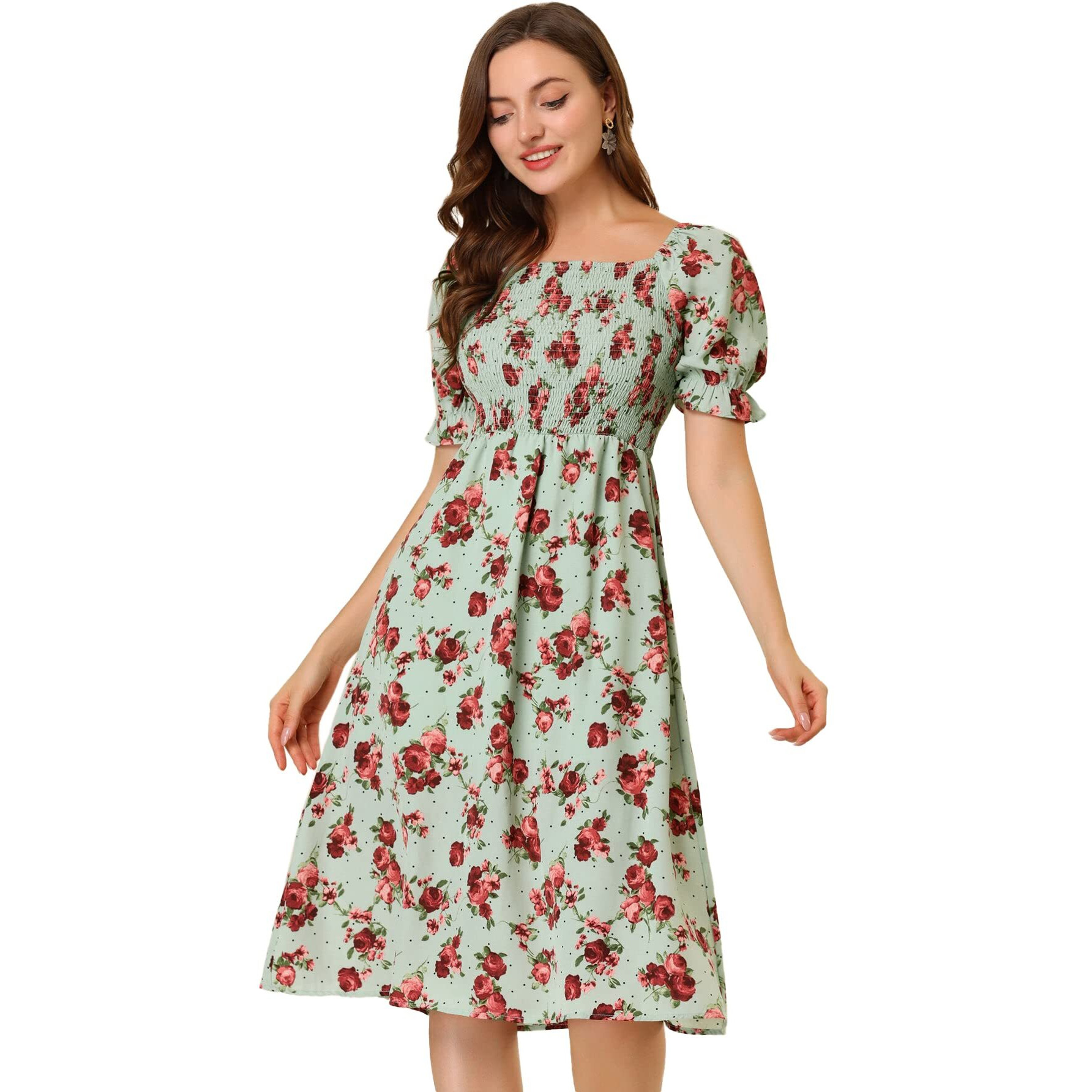 Toplot Dresses For Women Knee Length With Floral Print(Dress-5107-Dot-L) Green