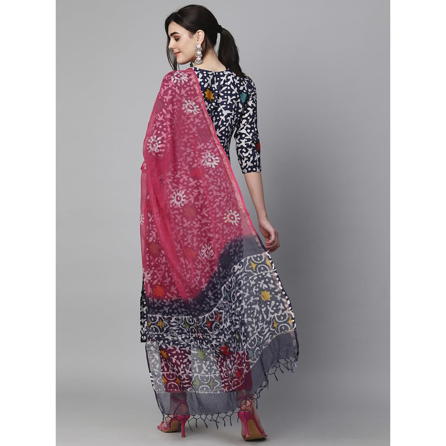 Gosriki Women's Cotton Blend Printed Straight Kurta With Pant & Dupatta (Khara Blue-Gs_M_Blue_Medium)