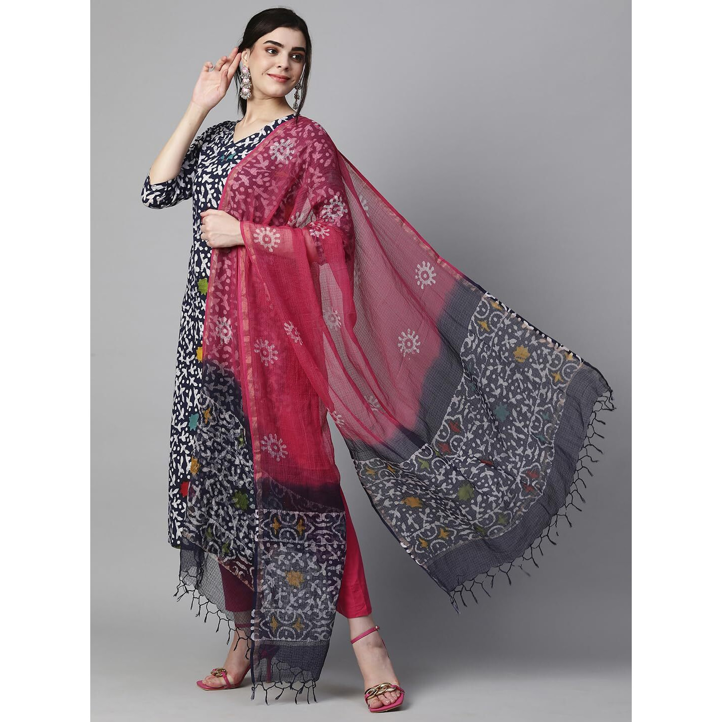 Gosriki Women's Cotton Blend Printed Straight Kurta With Pant & Dupatta (Khara Blue-Gs_M_Blue_Medium)