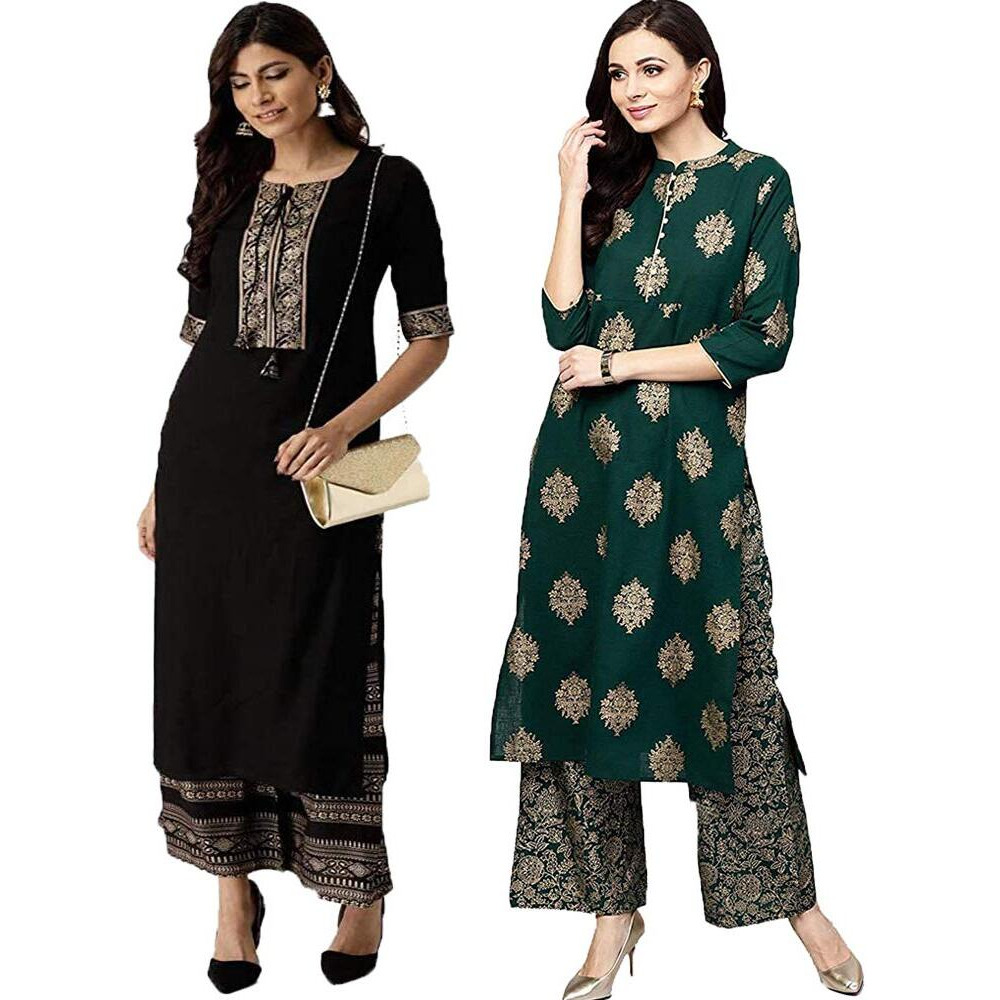 Gosriki Women's Printed Straight Kurta With Palazzo (Chand & Khaman_Xxl) Multicolour