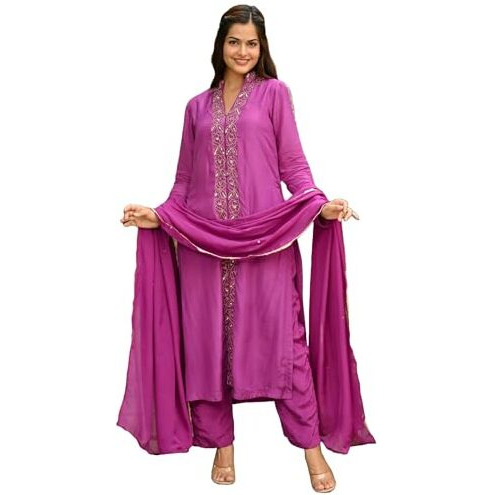 Gosriki Women's Rayon Blend Straight Embroidered Kurta With Pant & Dupatta (Tabana Pink-Gs_L_Pink_Large)