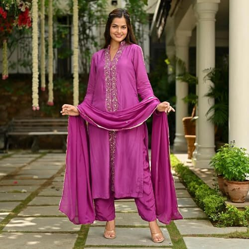 Gosriki Women's Rayon Blend Straight Embroidered Kurta With Pant & Dupatta (Tabana Pink-Gs_L_Pink_Large)