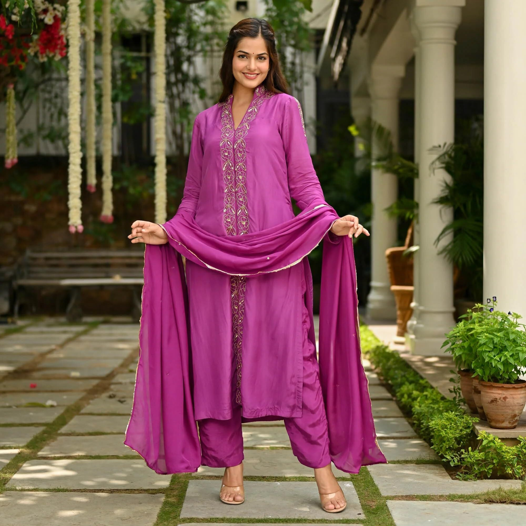Gosriki Women's Rayon Blend Straight Embroidered Kurta With Pant & Dupatta (Tabana Pink-Gs_Xl_Pink_X-Large)