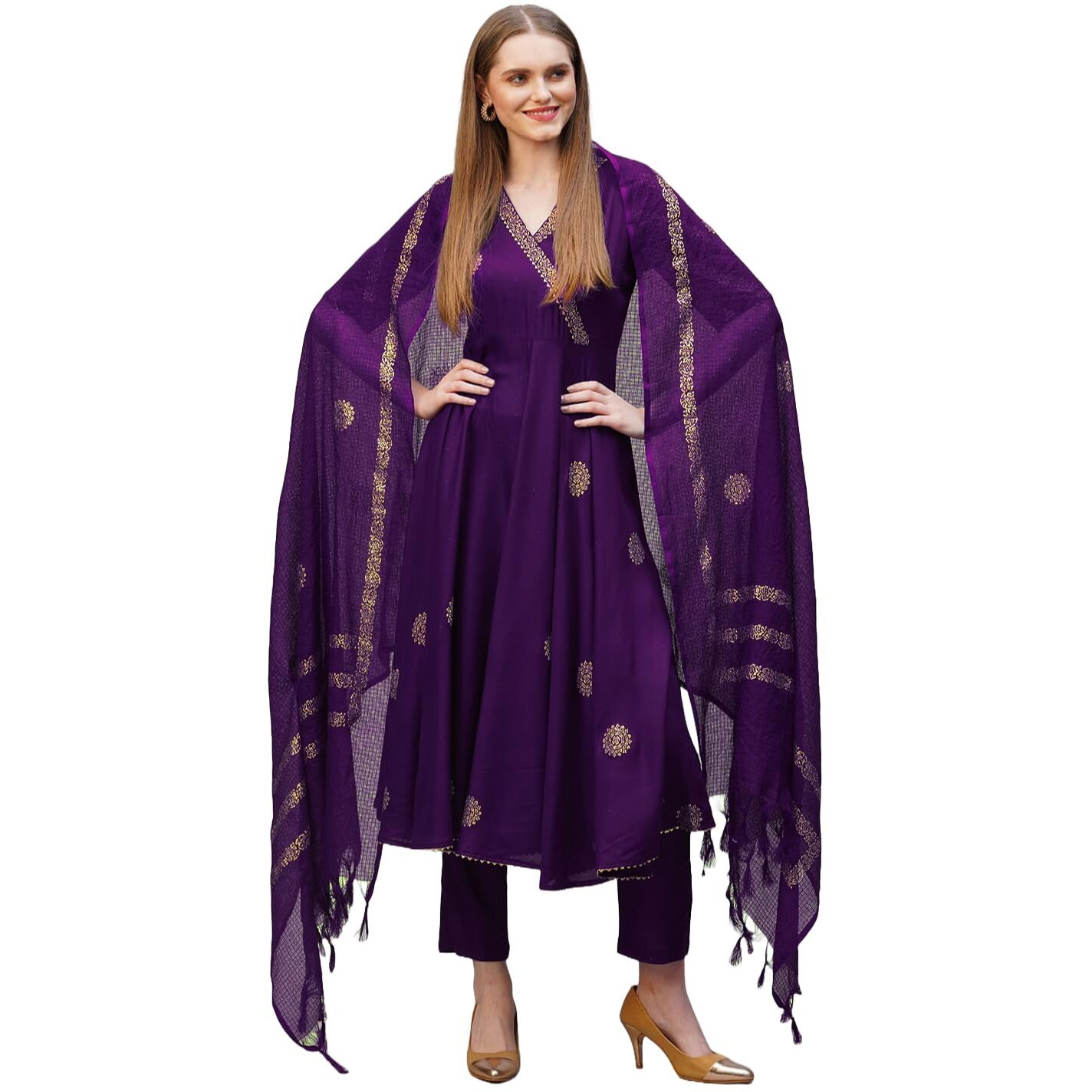 Gosriki Women's Rayon Blend Anarkali Printed Kurta With Pant & Dupatta (Berlin Begani-Nb-Gs_S_Begani_Small)