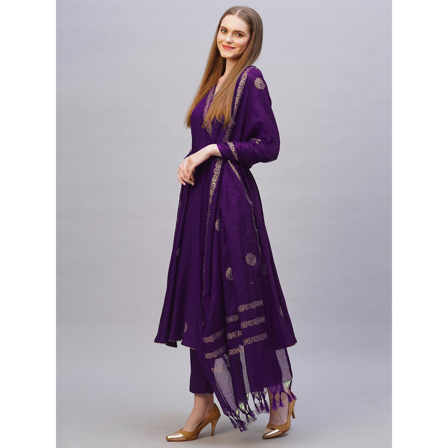 Gosriki Women's Rayon Blend Anarkali Printed Kurta With Pant & Dupatta (Berlin Begani-Nb-Gs_S_Begani_Small)