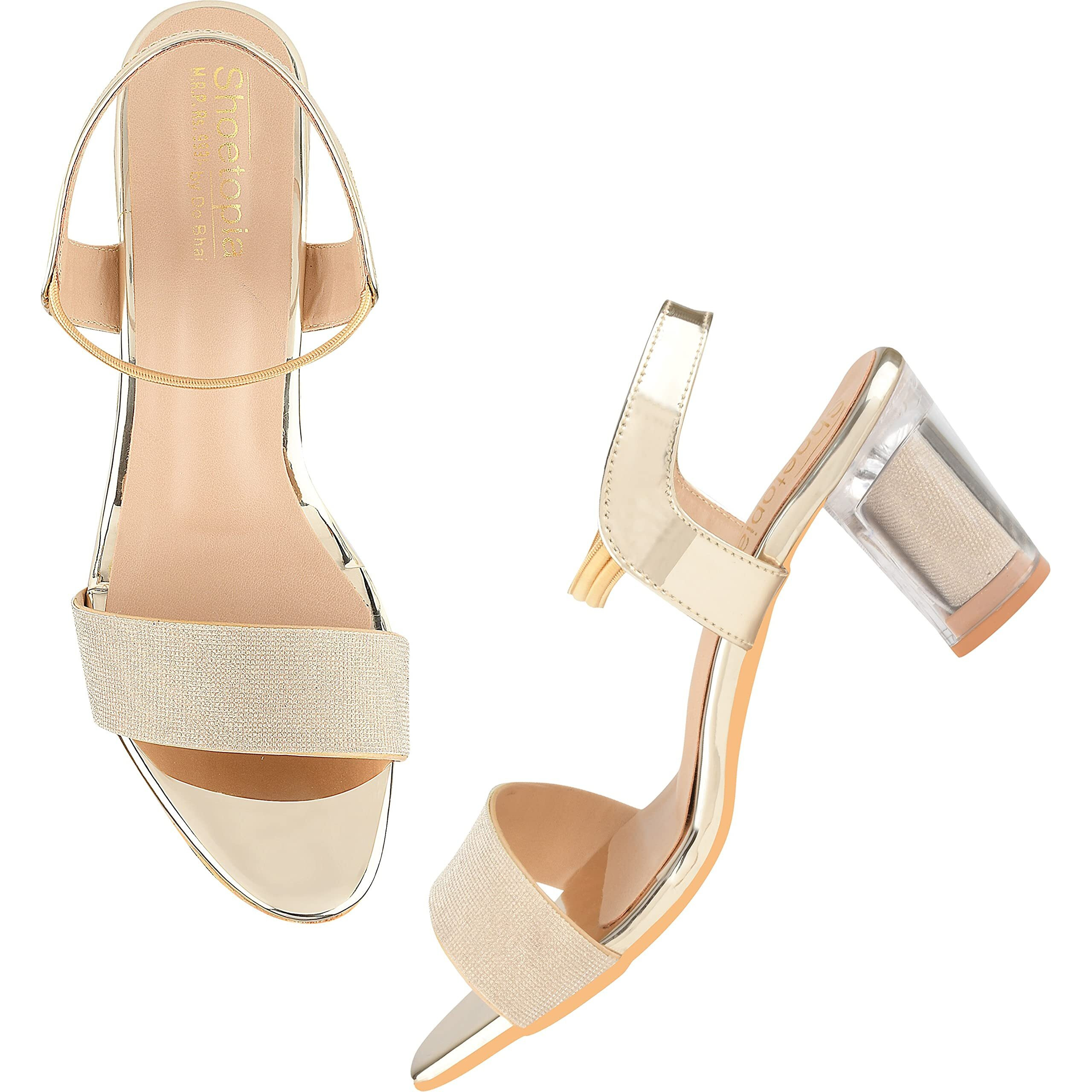 Shoetopia Women's & Girl's Golden Transparent Block Heels Sandals