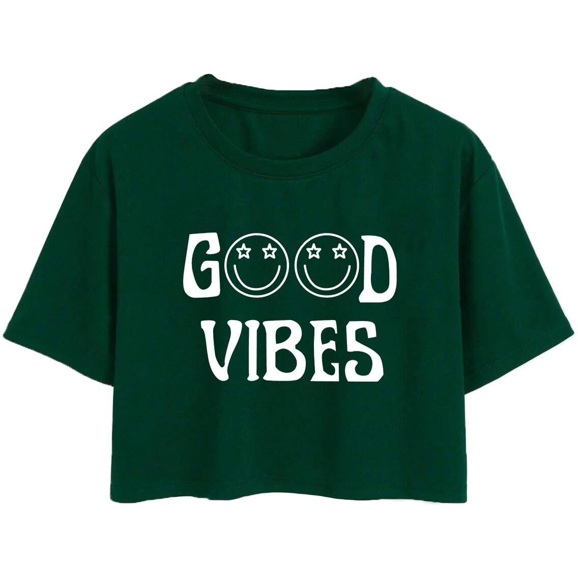 Toplot Text Printed Round Neck Crop Top For Women (Vibes-Crop-Top-5202-Olive-Xs)