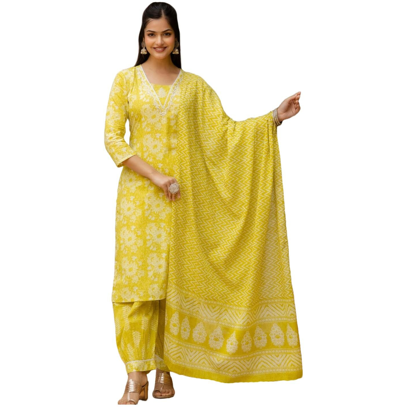 Gosriki Women's Rayon Blend Straight Printed Kurta With Patiala & Dupatta (Sahima Yellow-Gs_M_Yellow_Medium)