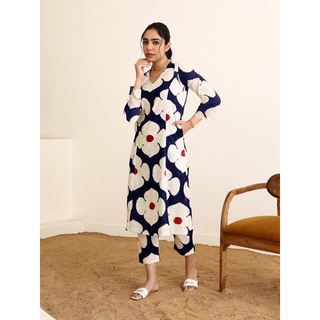 Gosriki Women's Cotton Blend Straight Printed Kurta With Pant (Chunilal Blue-Gs_Xl_Blue_X-Large)