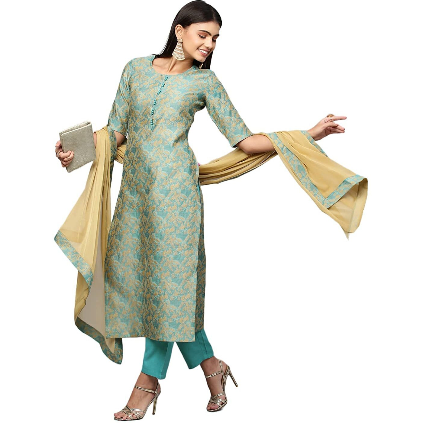 Gosriki Women's Banarasi Silk Straight Printed Kurta With Pant & Dupatta (Banarsi-See-Multi_3Xl-Go_Multicolor_Xxx-Large)