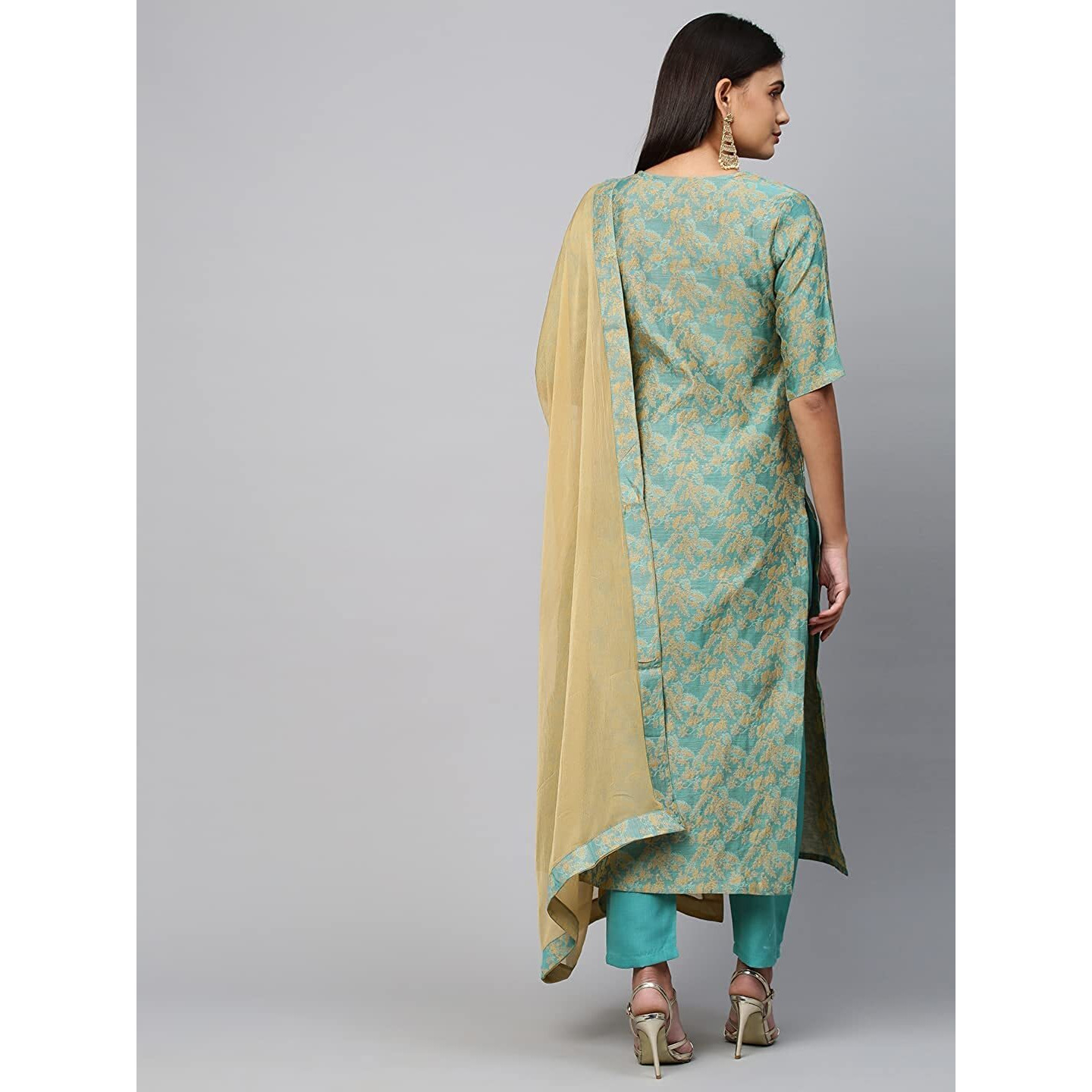 Gosriki Women's Banarasi Silk Straight Printed Kurta With Pant & Dupatta (Banarsi-See-Multi_3Xl-Go_Multicolor_Xxx-Large)