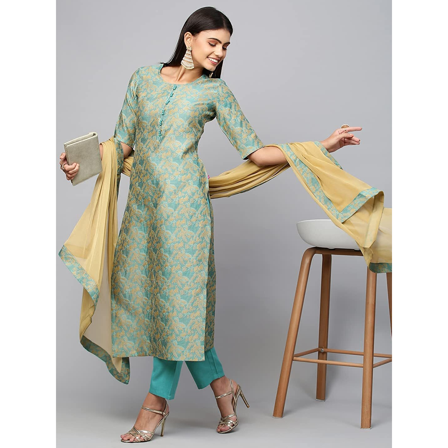 Gosriki Women's Banarasi Silk Straight Printed Kurta With Pant & Dupatta (Banarsi-See-Multi_3Xl-Go_Multicolor_Xxx-Large)