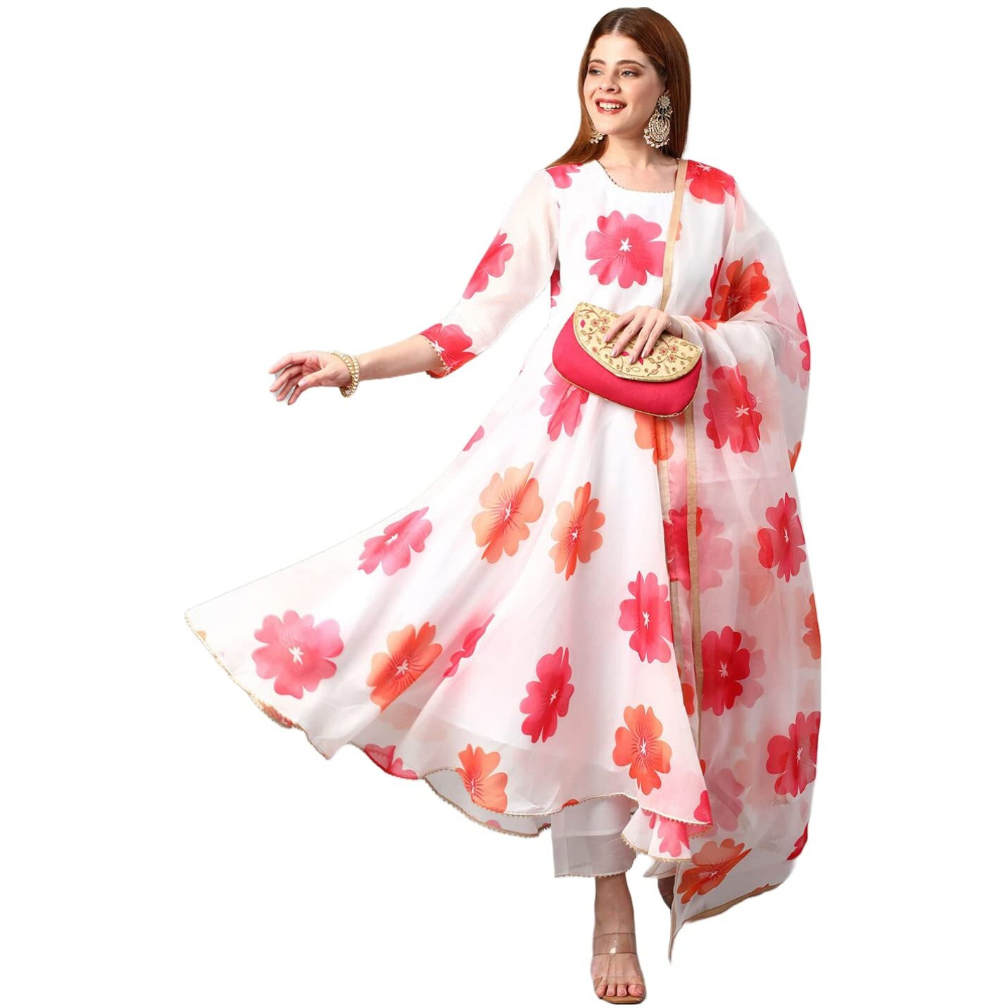 Gosriki Women's Chanderi Cotton Flowers Printed Anarkali Kurta And Pant With Dupatta Set (Anarkali-White-Nw-Gs_M_White_Medium)