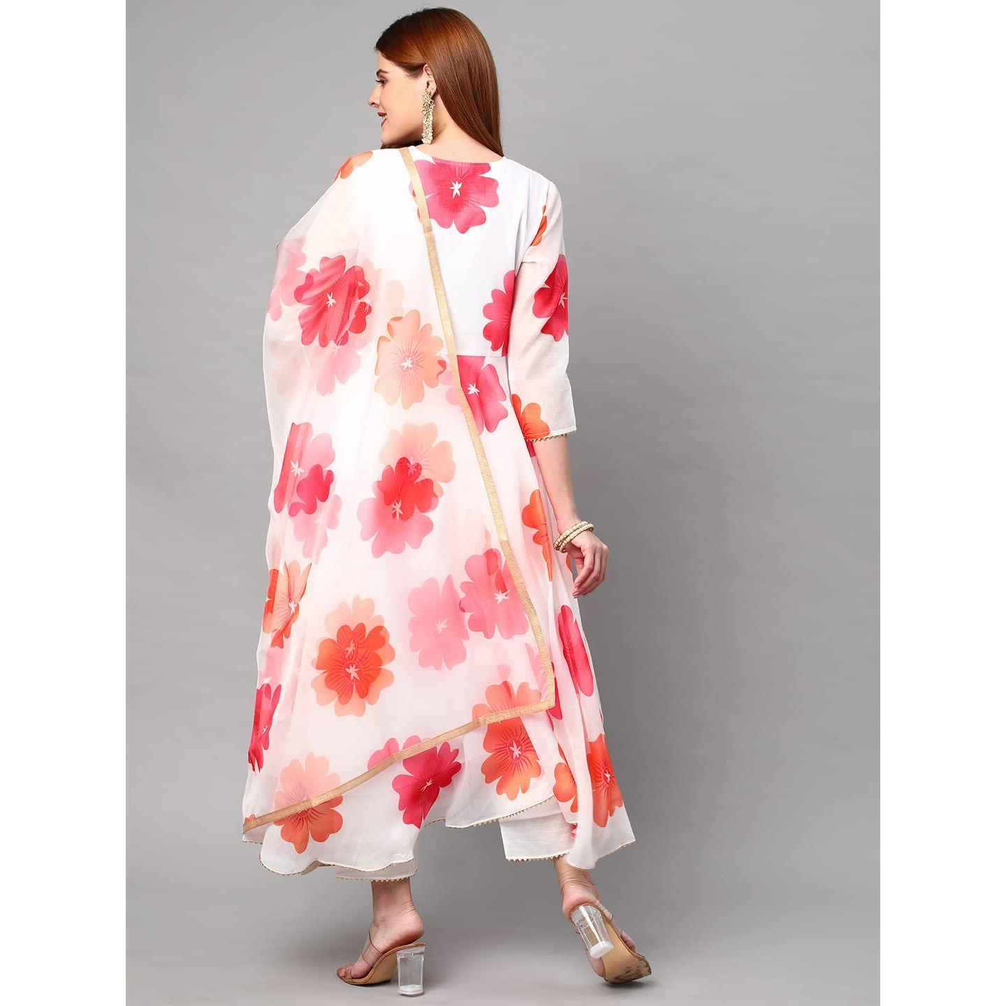 Gosriki Women's Chanderi Cotton Flowers Printed Anarkali Kurta And Pant With Dupatta Set (Anarkali-White-Nw-Gs_M_White_Medium)