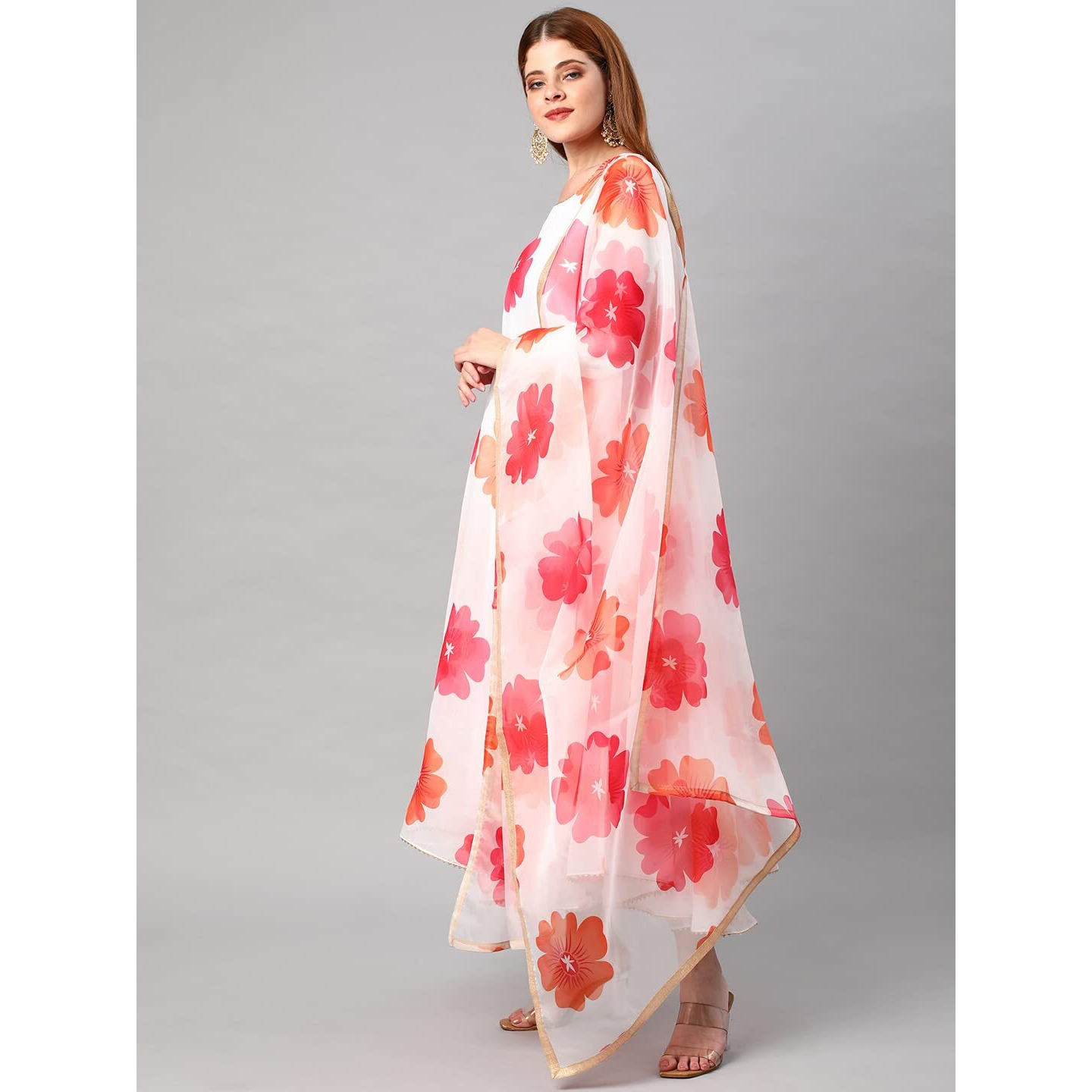 Gosriki Women's Chanderi Cotton Flowers Printed Anarkali Kurta And Pant With Dupatta Set (Anarkali-White-Nw-Gs_M_White_Medium)