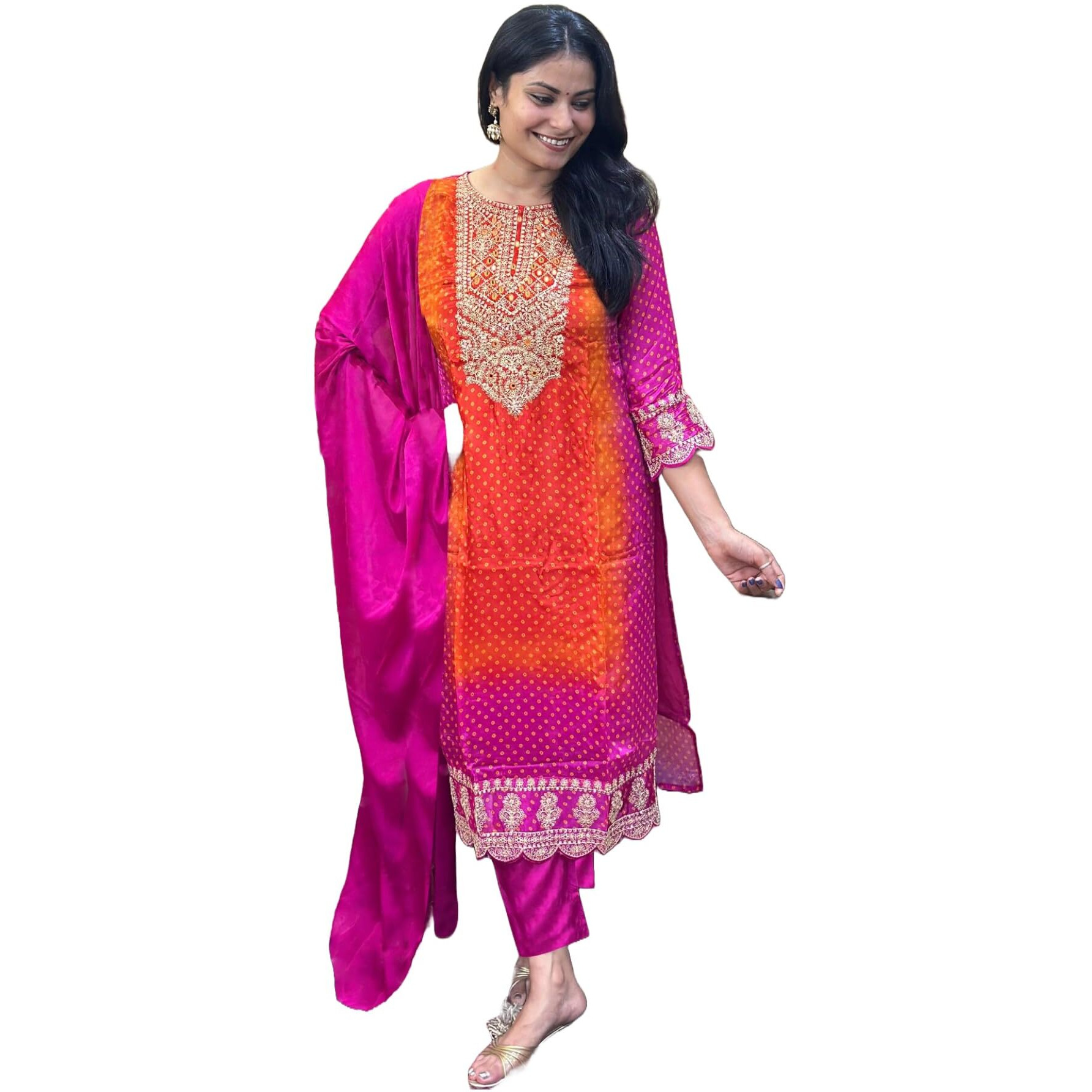 Gosriki Women's Rayon Blend Straight Embroidered Kurta With Pant & Dupatta (Lasivan Pink-Vks01-Gs_L_Pink_Large)
