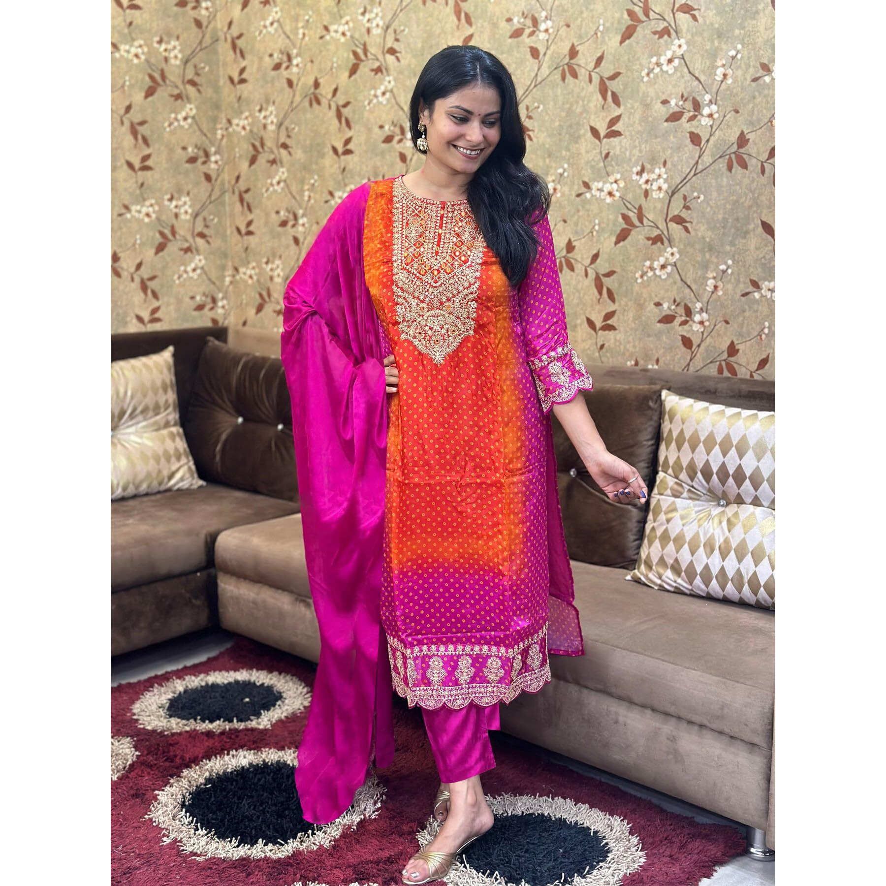 Gosriki Women's Rayon Blend Straight Embroidered Kurta With Pant & Dupatta (Lasivan Pink-Vks01-Gs_L_Pink_Large)