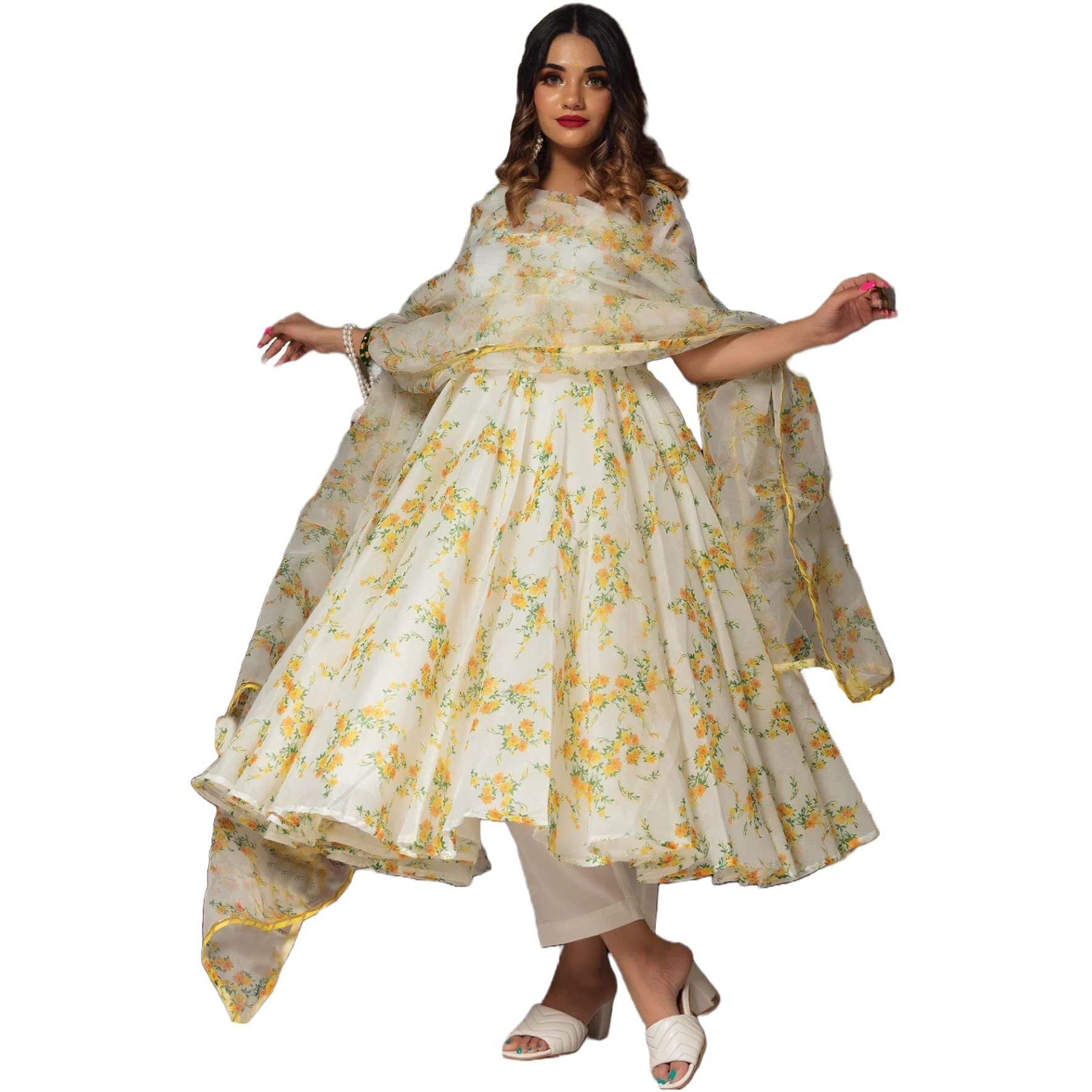 Gosriki Women's Organza Floral Printed Anarkali Kurta With Pant & Dupatta (Ratnagiri-Multi-Gs_Xl_White_X-Large)