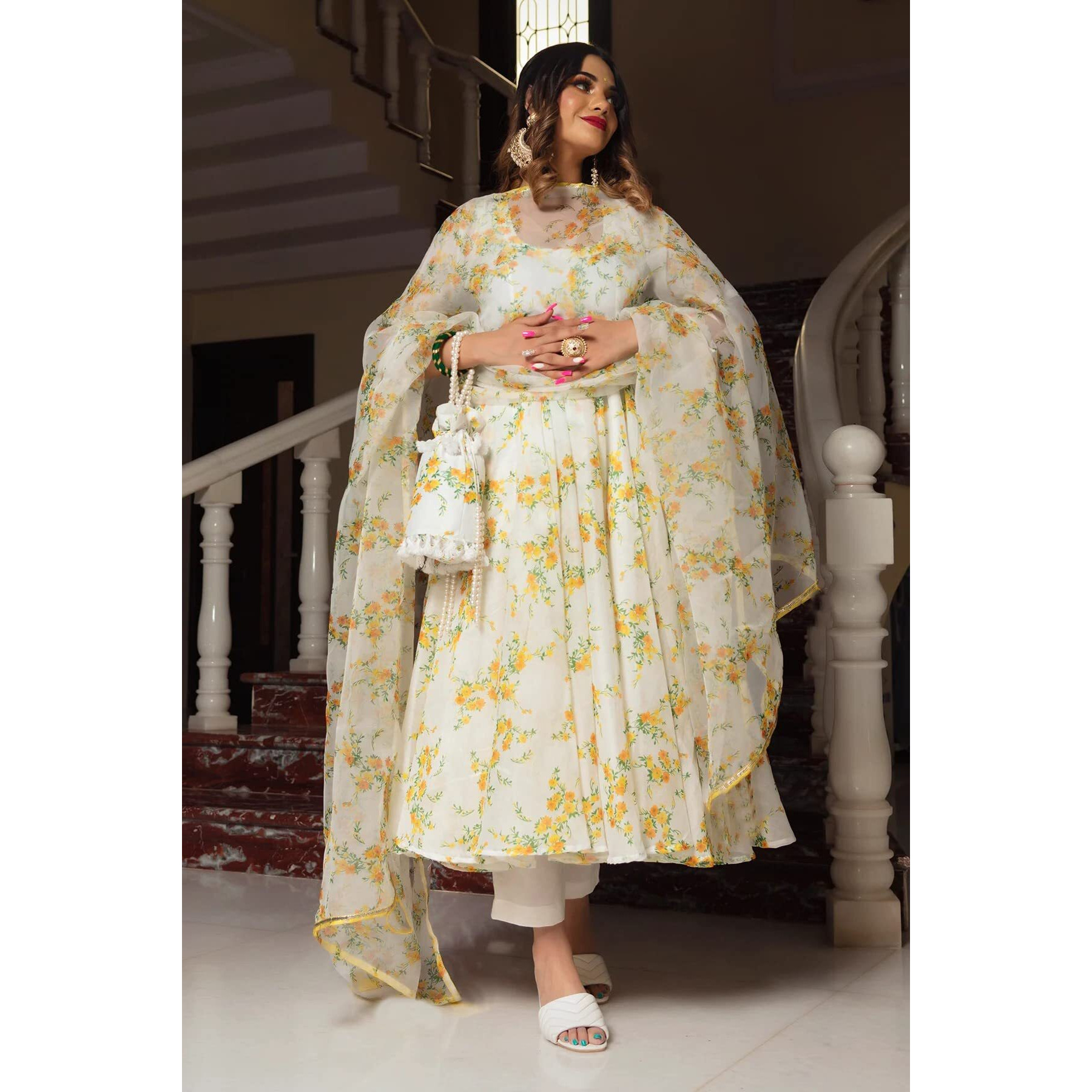 Gosriki Women's Organza Floral Printed Anarkali Kurta With Pant & Dupatta (Ratnagiri-Multi-Gs_Xl_White_X-Large)