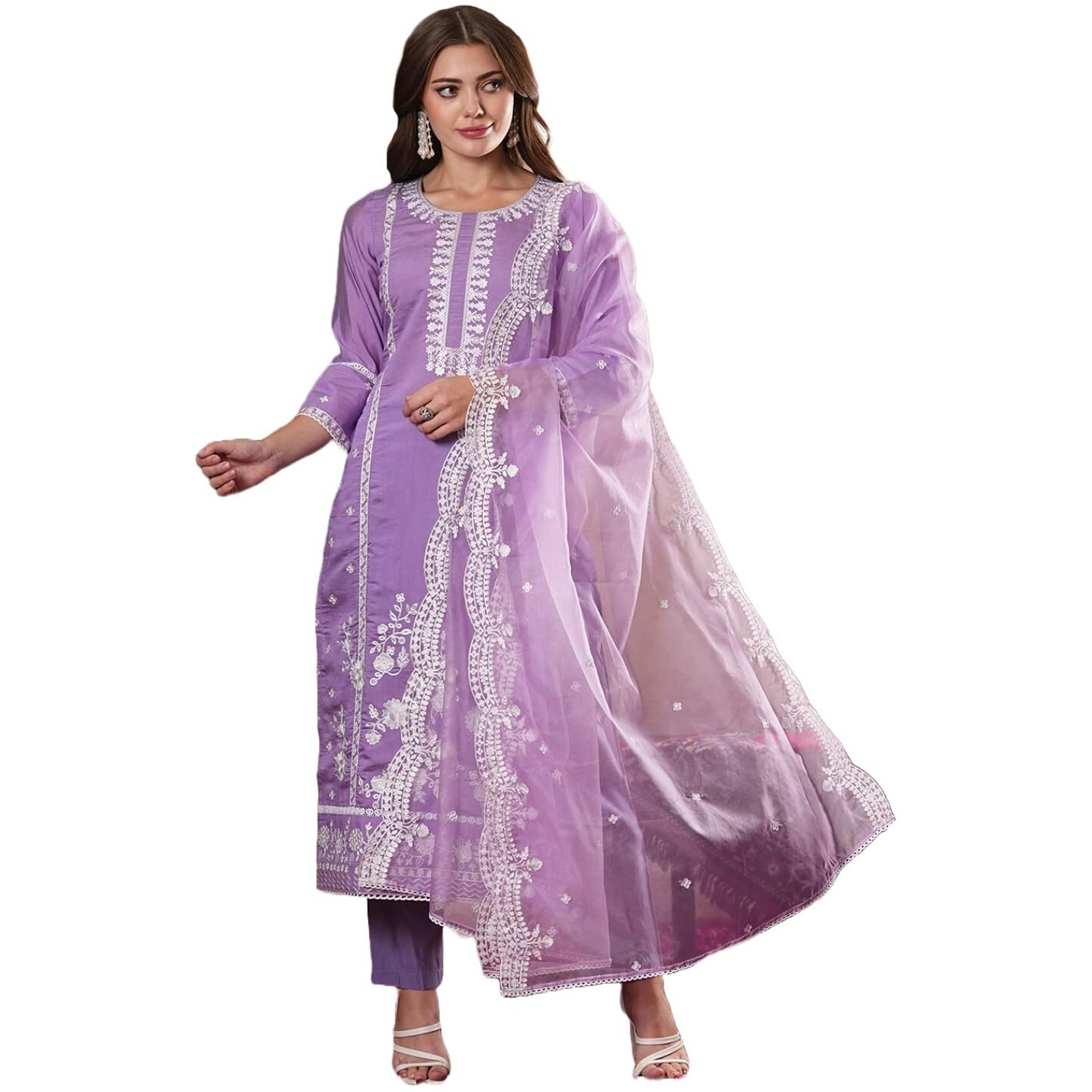 Gosriki Women's Rayon Blend Straight Embroidered Kurta With Pant & Dupatta (Rosewood Purple-Vks07-Gs_L_Purple_Large)