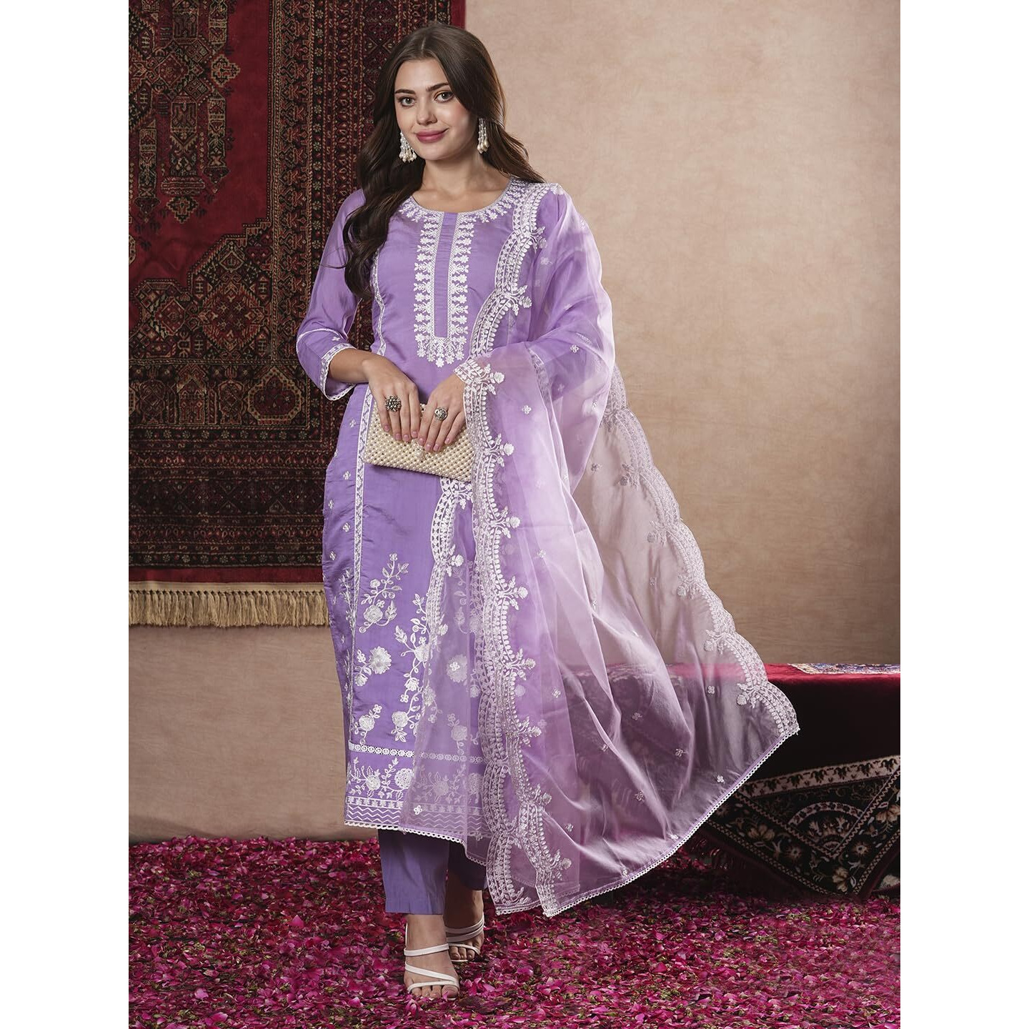 Gosriki Women's Rayon Blend Straight Embroidered Kurta With Pant & Dupatta (Rosewood Purple-Vks07-Gs_L_Purple_Large)