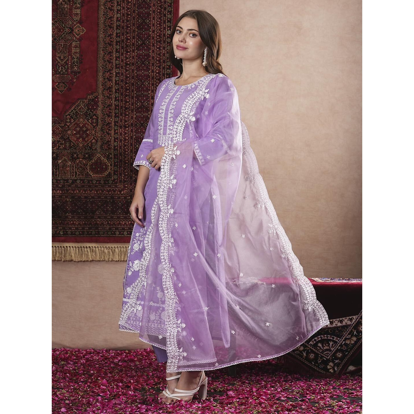 Gosriki Women's Rayon Blend Straight Embroidered Kurta With Pant & Dupatta (Rosewood Purple-Vks07-Gs_L_Purple_Large)