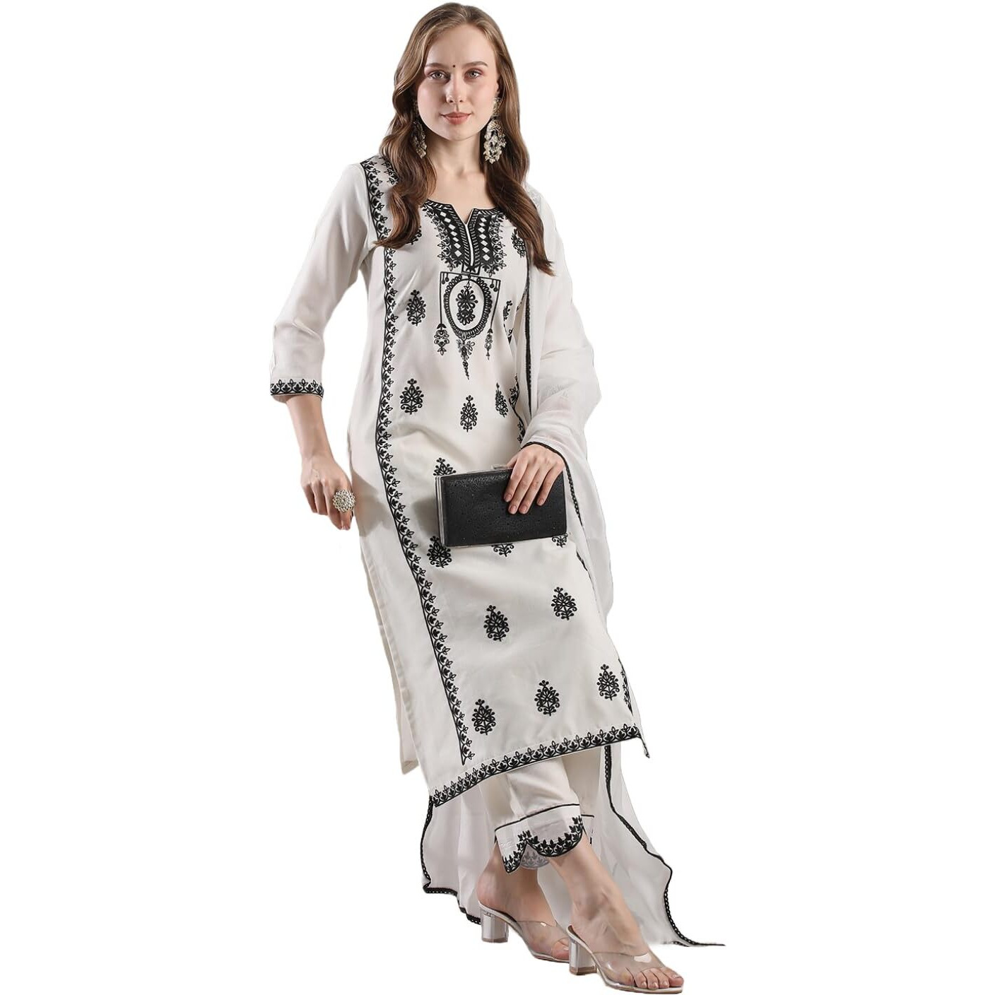 Gosriki Women's Rayon Blend Straight Embroidered Kurta With Pant & Dupatta (Devanagri White-Vks02-Gs_Xxl_White_Xx-Large)