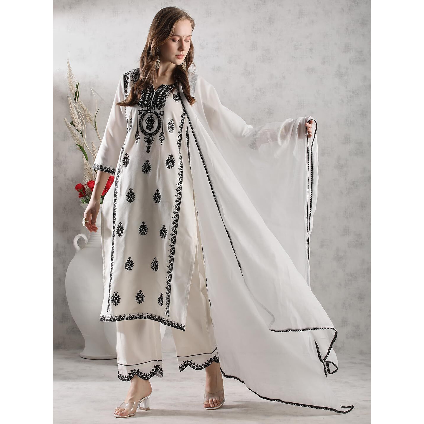 Gosriki Women's Rayon Blend Straight Embroidered Kurta With Pant & Dupatta (Devanagri White-Vks02-Gs_Xxl_White_Xx-Large)