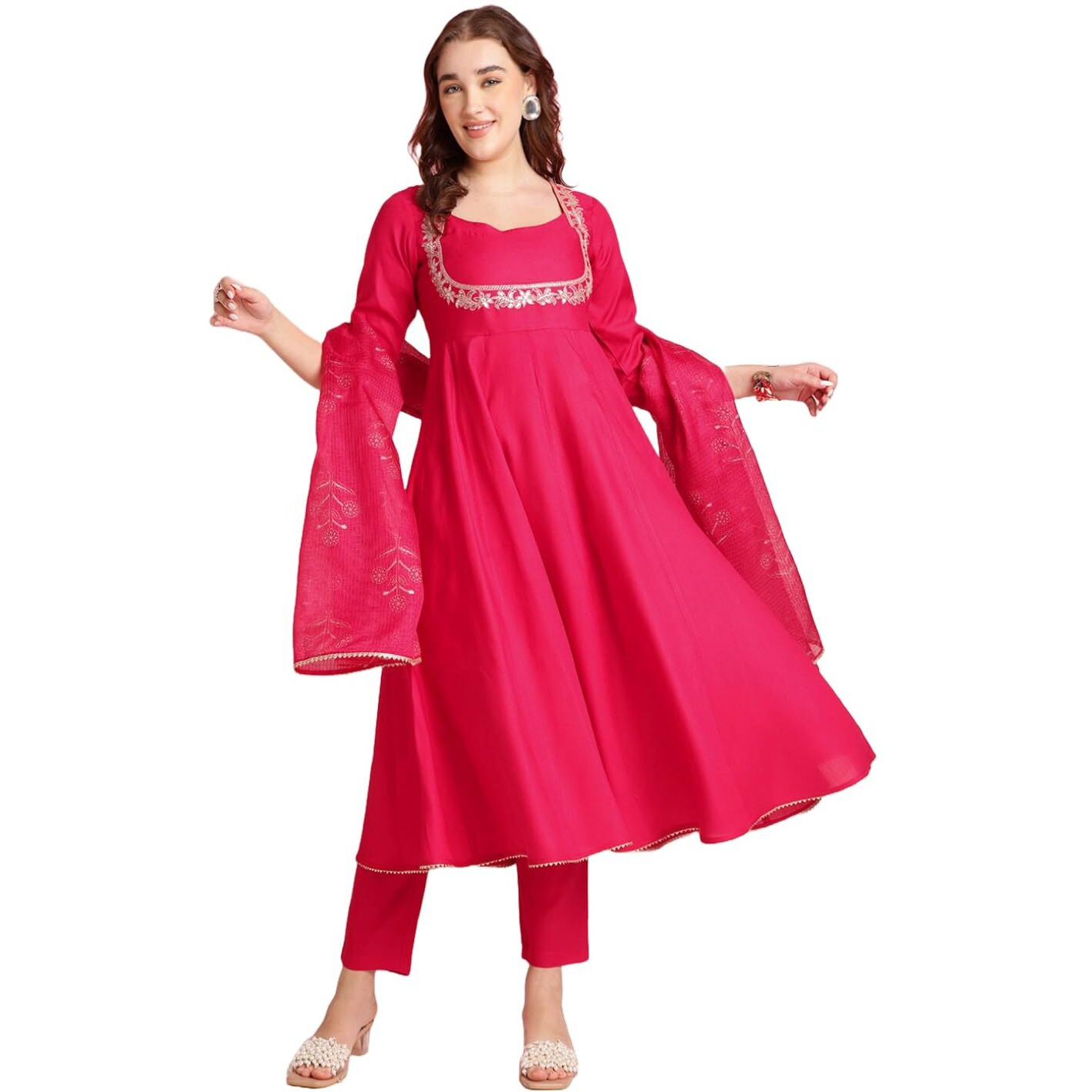 Gosriki Women's Rayon Blend Anarkali Embroidered Kurta With Pant & Dupatta (Aparnaa Pink-Vks03-Gs_S_Pink_Small)