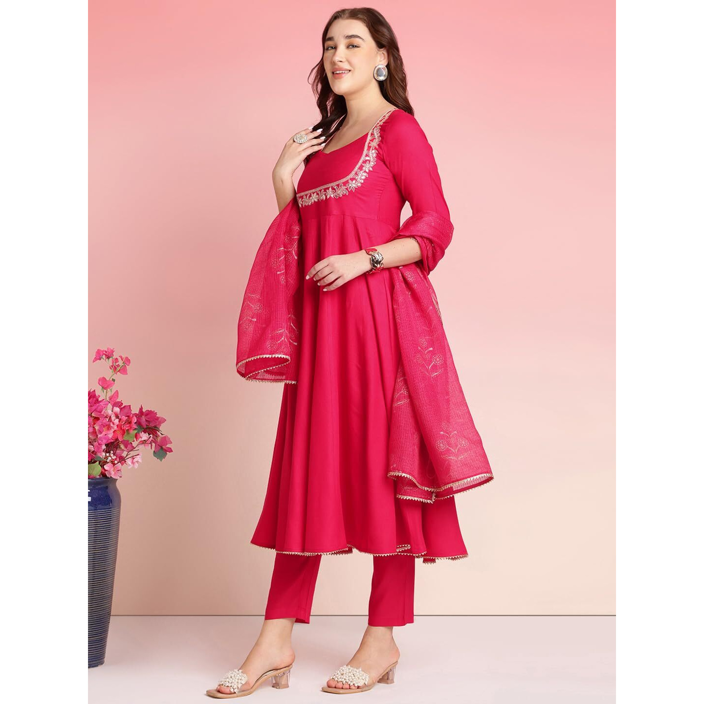 Gosriki Women's Rayon Blend Anarkali Embroidered Kurta With Pant & Dupatta (Aparnaa Pink-Vks03-Gs_S_Pink_Small)