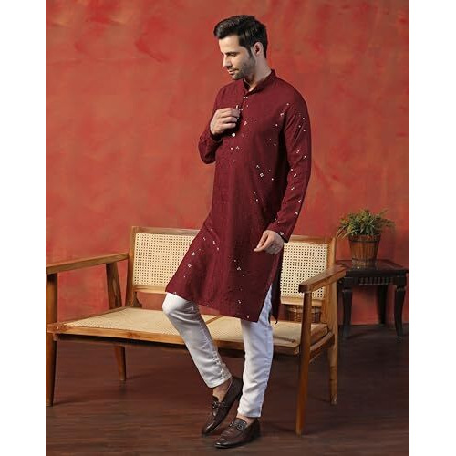 Toplot Kurta For Men || Men's Ethnic Wear Sequin Embroidered Cotton Blend Kurta Set || Men's Kurta (Men-Seq-Kurta-Set-5209-Maroon-Xl)