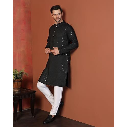 Toplot Kurta For Men || Men's Ethnic Wear Sequin Embroidered Cotton Blend Kurta Set || Men's Kurta (Men-Seq-Kurta-Set-5209-Black-Xl)