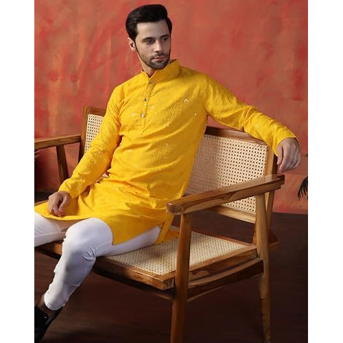 Toplot Kurta For Men || Men's Ethnic Wear Sequin Embroidered Cotton Blend Kurta Set || Men's Kurta (Men-Seq-Kurta-Set-5209-Yellow-Xl)