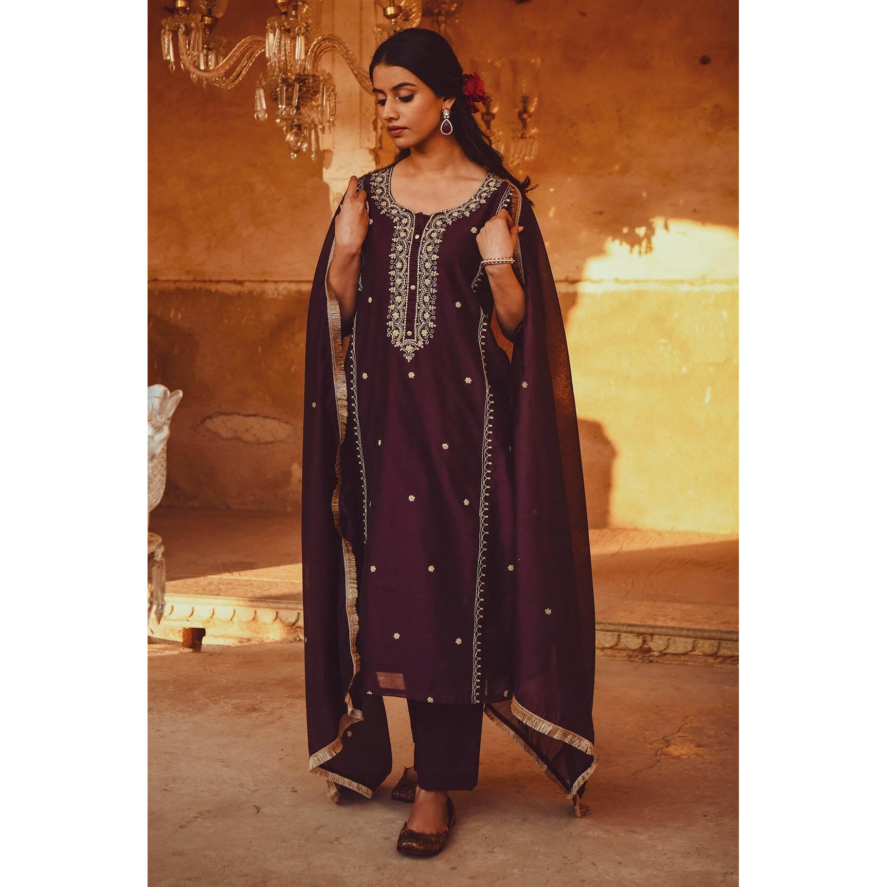 Gosriki Women's Cotton Blend Embroidered Straight Kurta With Pant & Dupatta (Ultra101 Wine-Gs_Xl_Wine_X-Large)