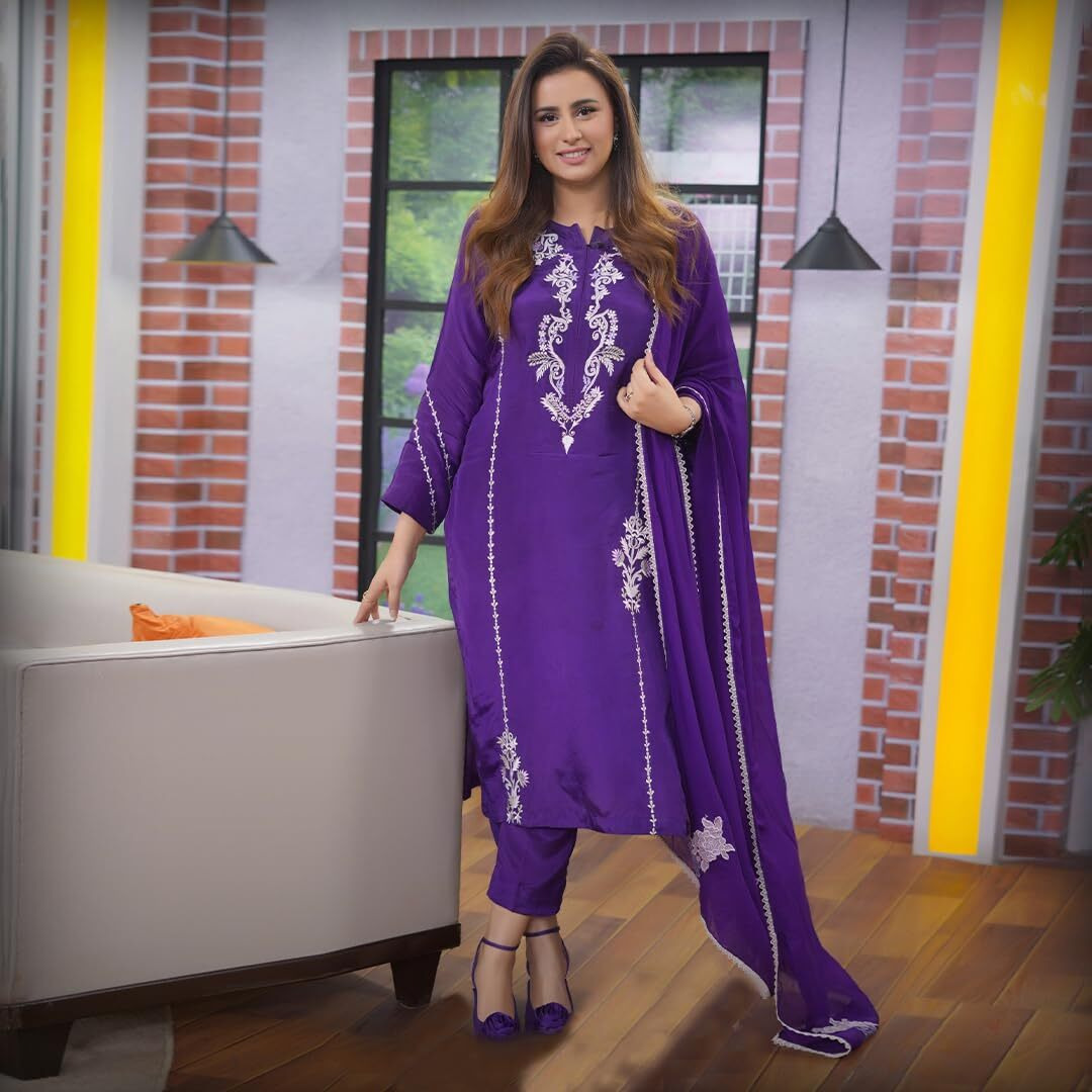 Gosriki Women's Rayon Blend Embroidered Straight Kurta With Pant & Dupatta (Jayashuda Begani-Gs_L_Begani_Large)