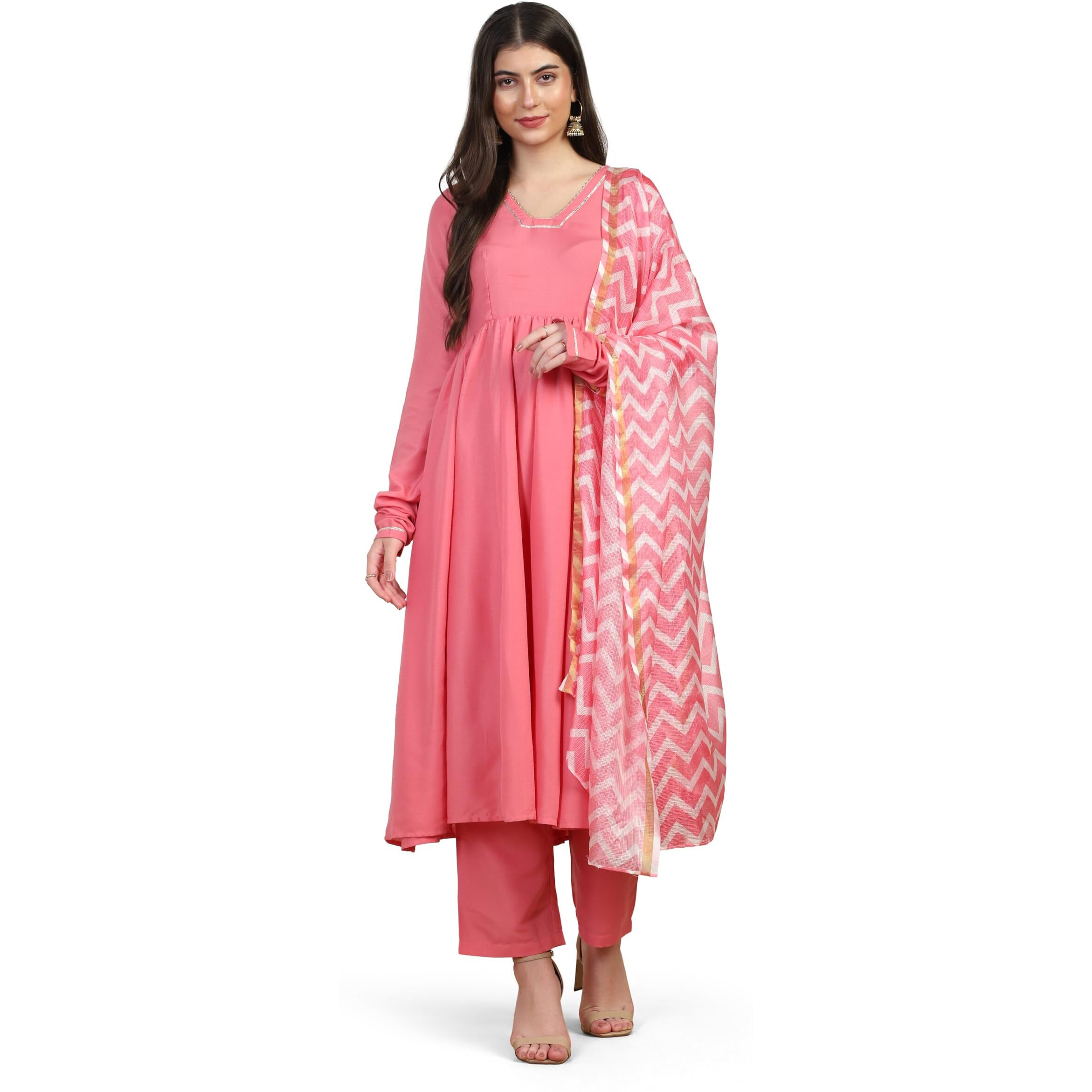 Toplot Women Solid Flared A-Line Kurta With Pant And Dupatta Suit Set | Kurta Set (Anarkali-Set-5196-Pink-M)