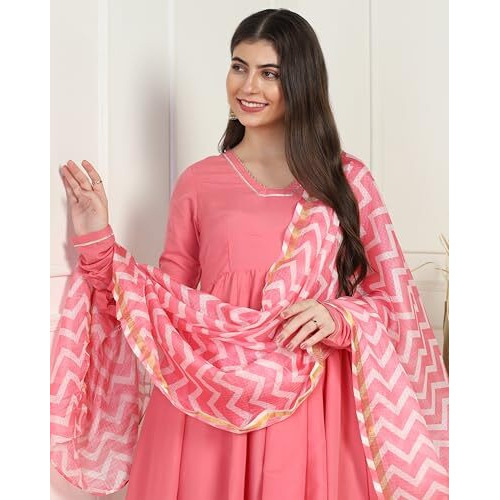 Toplot Women Solid Flared A-Line Kurta With Pant And Dupatta Suit Set | Kurta Set (Anarkali-Set-5196-Pink-M)