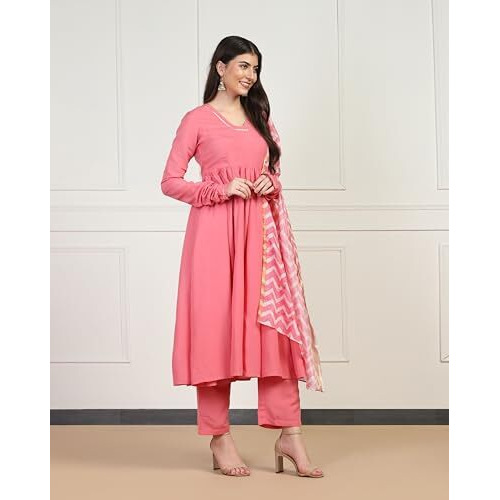 Toplot Women Solid Flared A-Line Kurta With Pant And Dupatta Suit Set | Kurta Set (Anarkali-Set-5196-Pink-M)