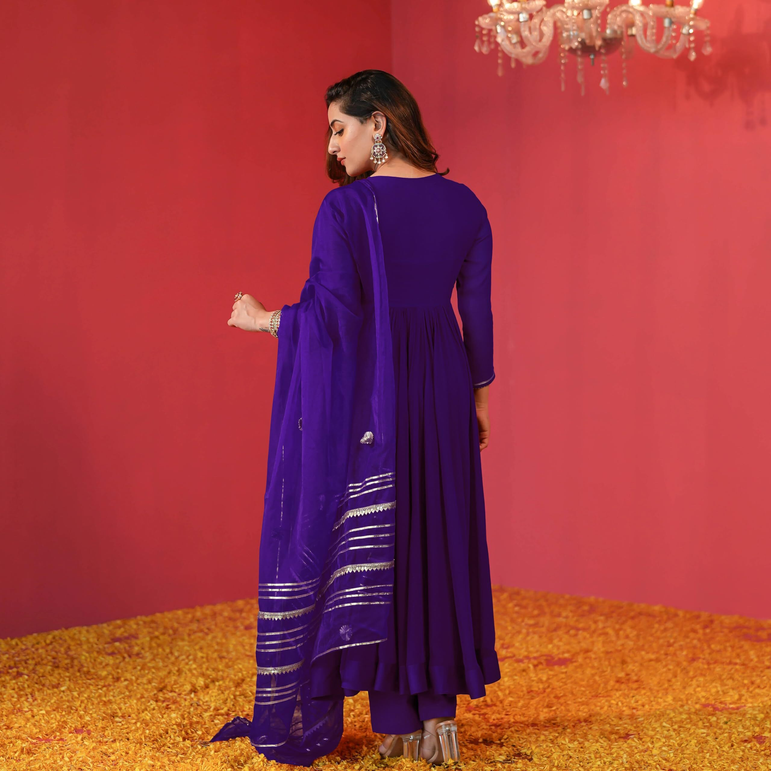 Gosriki Women's Rayon Blend Anarkali Solid Kurta With Pant & Dupatta (Jaynti Begani-Vks01-Gs_M_Begani_Medium)