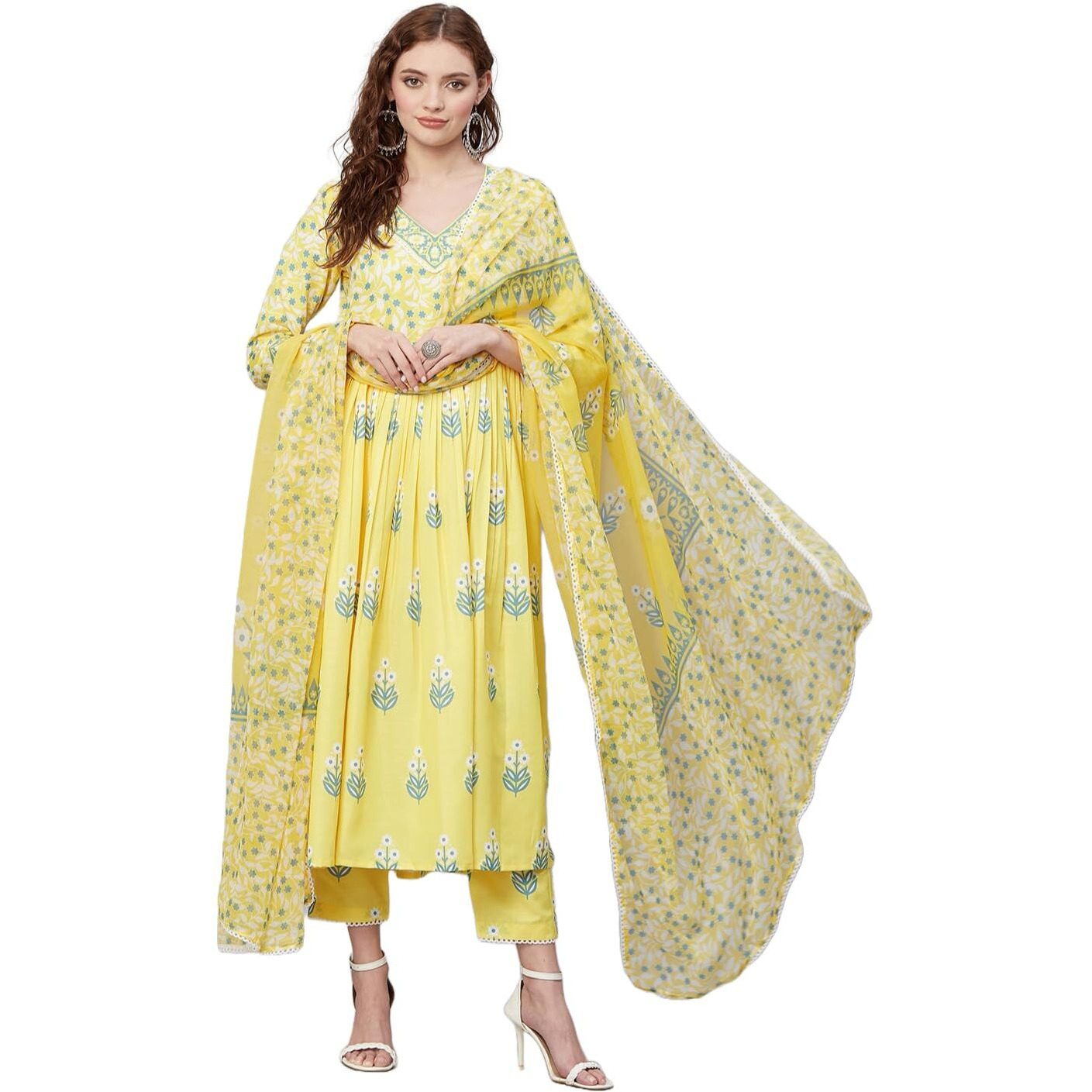 Gosriki Women's Rayon Anarkali Printed Kurta With Pant & Dupatta (Renu-Yellow-Gs_M_Yellow_Medium)
