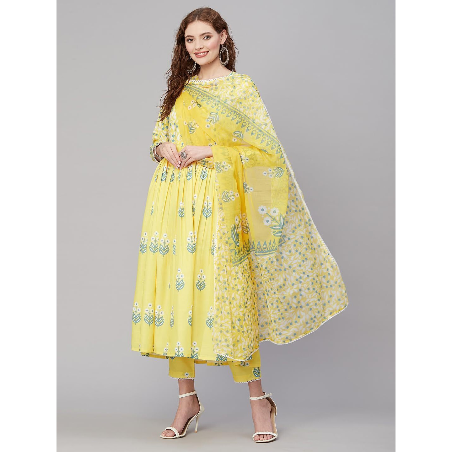 Gosriki Women's Rayon Anarkali Printed Kurta With Pant & Dupatta (Renu-Yellow-Gs_M_Yellow_Medium)