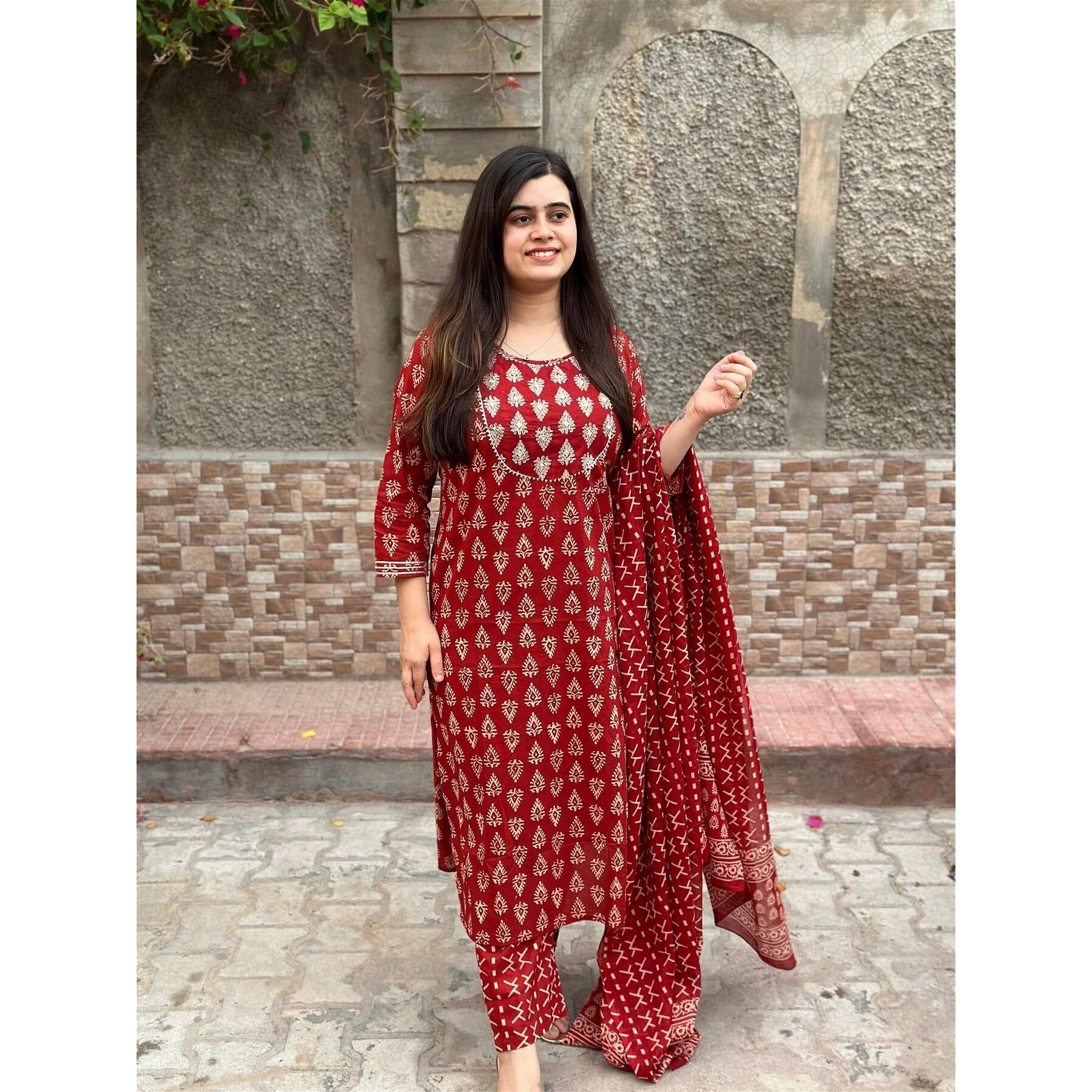Gosriki Women's Rayon Blend Printed Straight Kurta With Pant & Dupatta (Mau Red-Gs_Xxl_Red_Xx-Large)